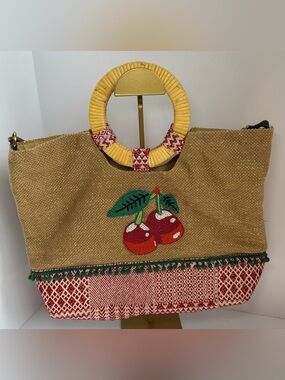 America & Beyond Embellished
Jute Cherry Tote/purse